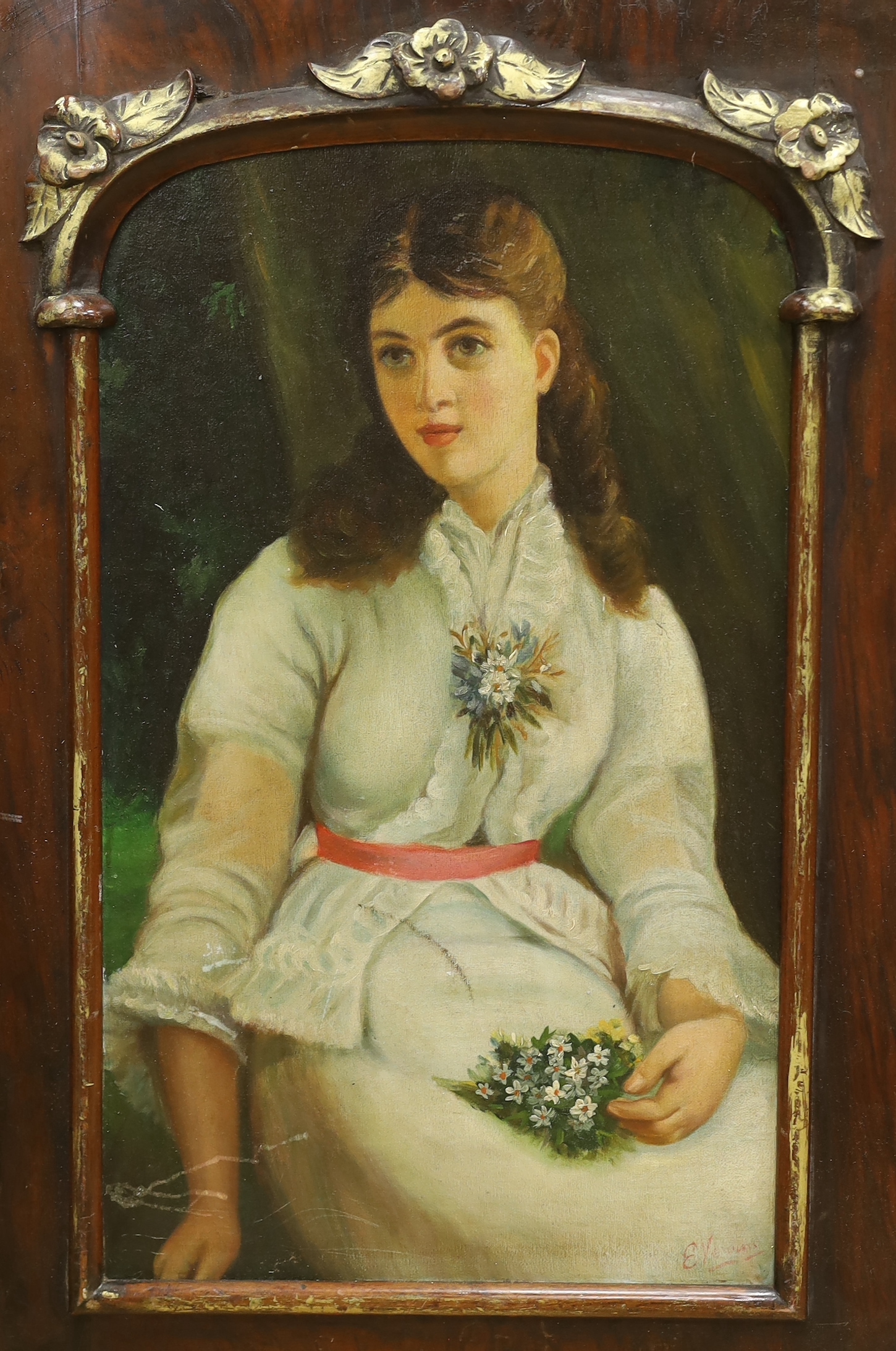 Oil on board, three quarter length portrait of a seated female with flowers, 52cm x 31cm